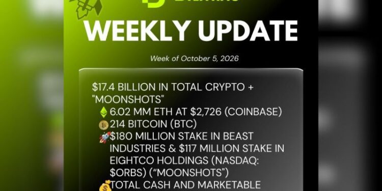 Bitmine Immersion Umumkan Kepemilikan ETH Capai 6,02 Juta Token, serta Total Kepemilikan Aset Kripto Senilai US$17,4 M