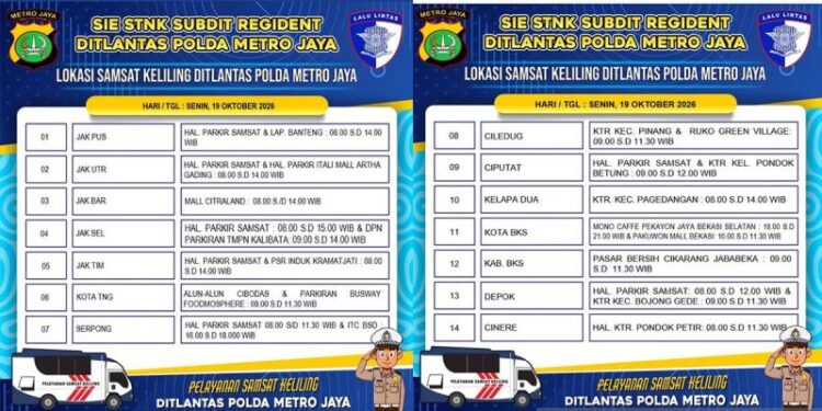 Senin, tersedia layanan Samsat Keliling di 14 wilayah Jadetabek